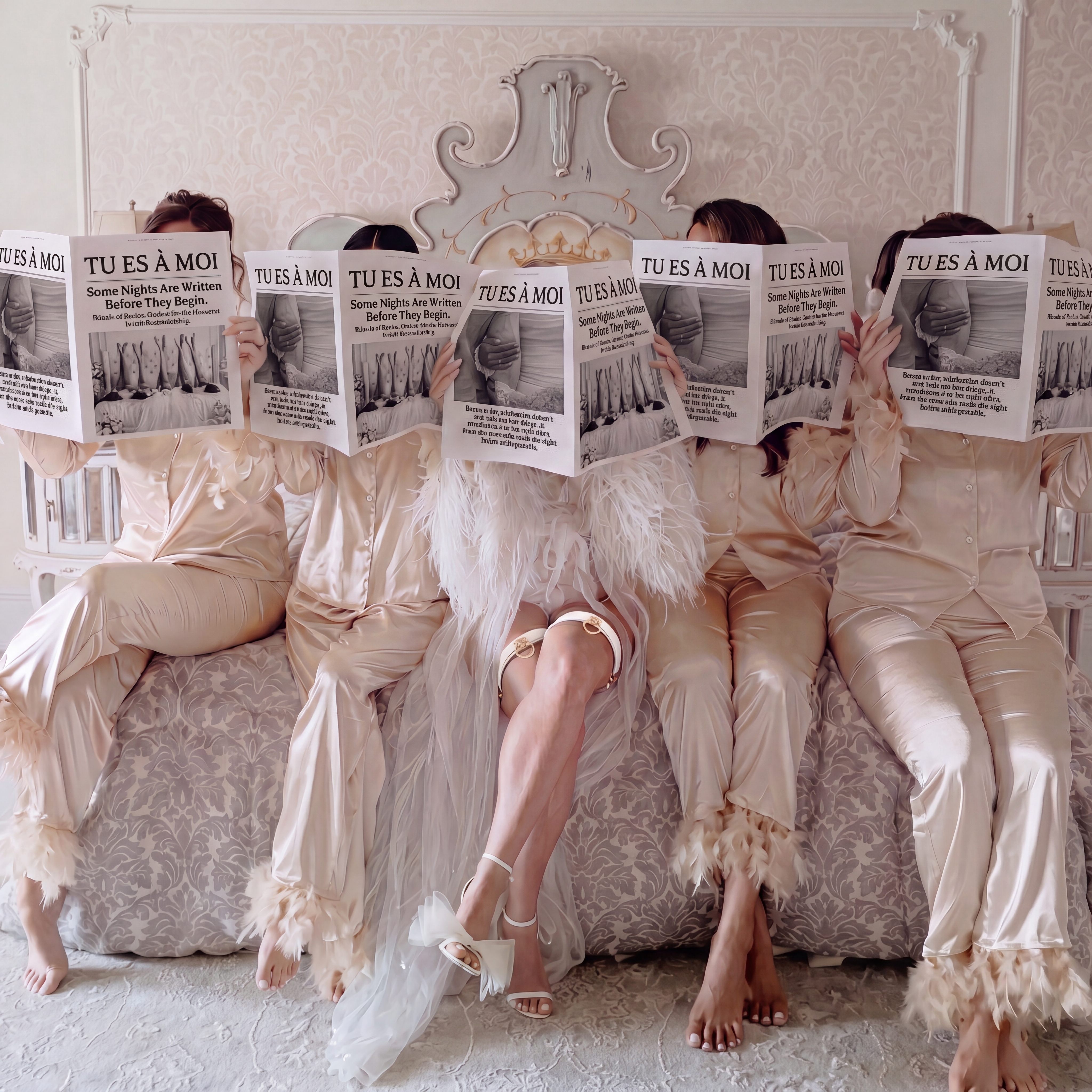 Bridal preparation — friends gifting together in a luxury suite